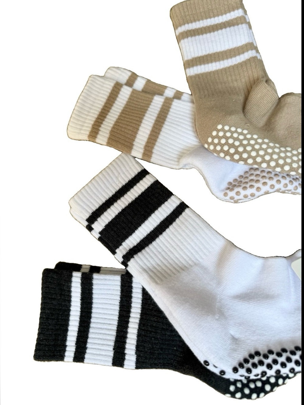 NEW BALANCE COLLECTION Striped Grip Crew Non Slip Socks - Black, & Tan Mid Crew
